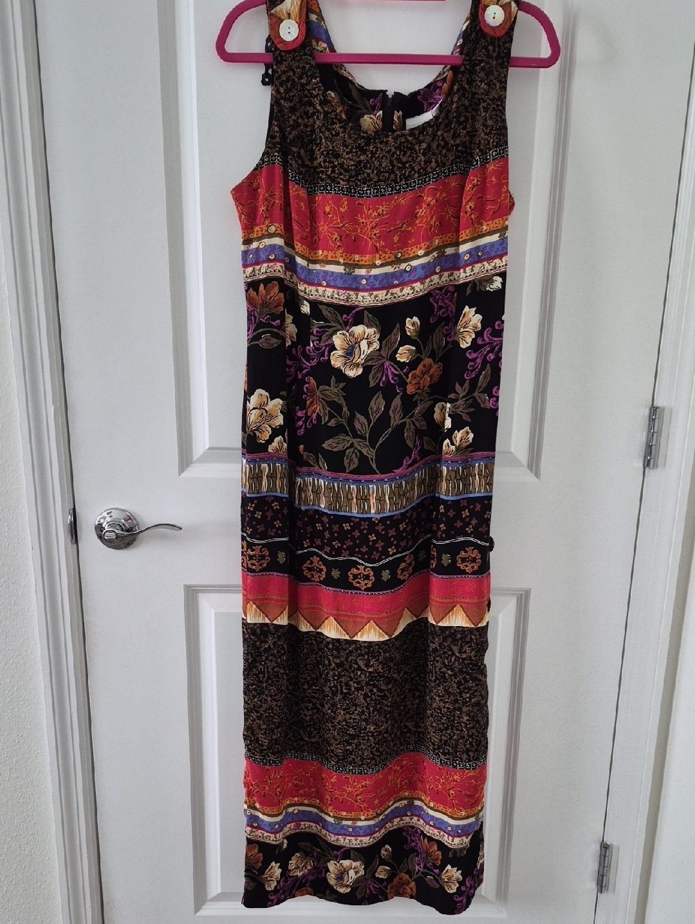 SL Fashions Black Maxi Dress with Red and Purple Floral Stripes